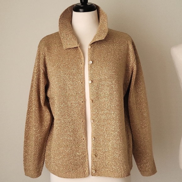 Bentley Vintage Gold Sparkle Cardigan Sweater Button down Collar Size Large - Picture 2 of 5